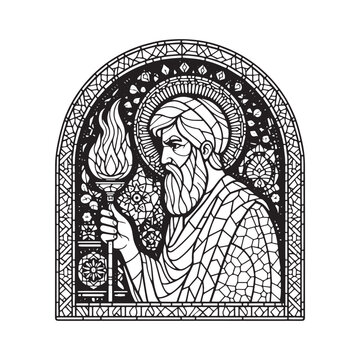 Zoroaster mosaic coloring page with flame, minimalist arc window design for stress relief, creativity