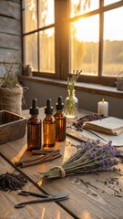Rustic Wooden Table Displaying Essential Oils and Vintage Objects