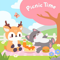 Cute Deer and Cat Enjoying a Cozy Picnic.Adorable Animal Friends Having a Relaxing Picnic.