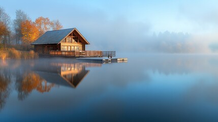 Obraz premium Log Cabin Reflection on Misty Lake with Autumnal Trees and Serene Atmosphere