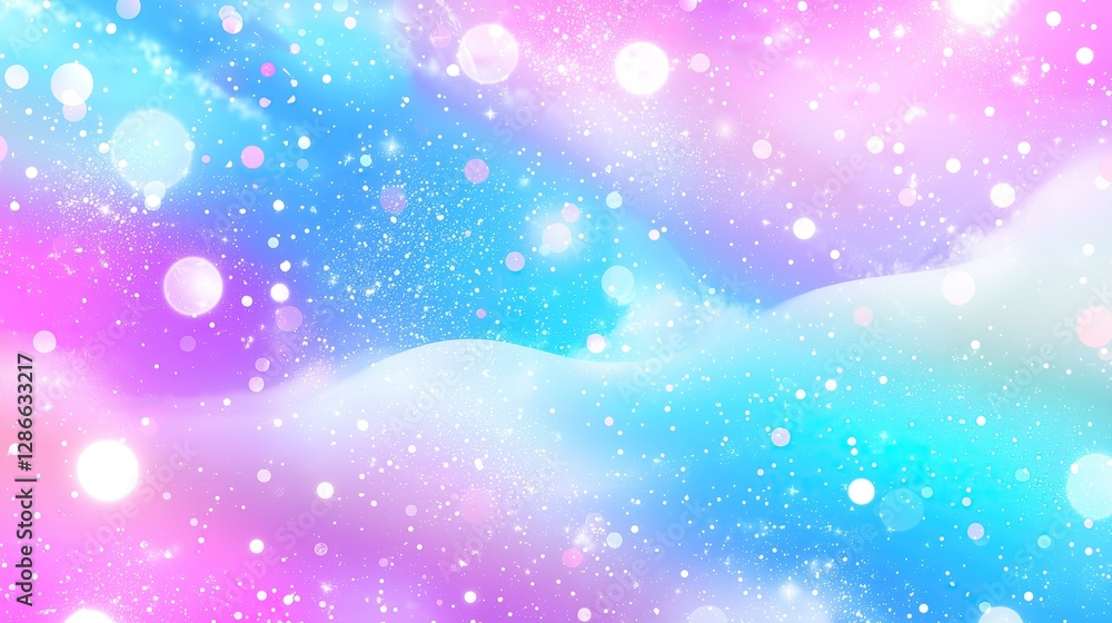 Poster whimsical scene unfolds with dreamy pastel gradient sky adorned with sparkling stars and shimmering 