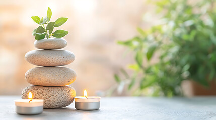 Tranquil stone stacking with green plant indoor space decorative art calm atmosphere close-up view zen concept