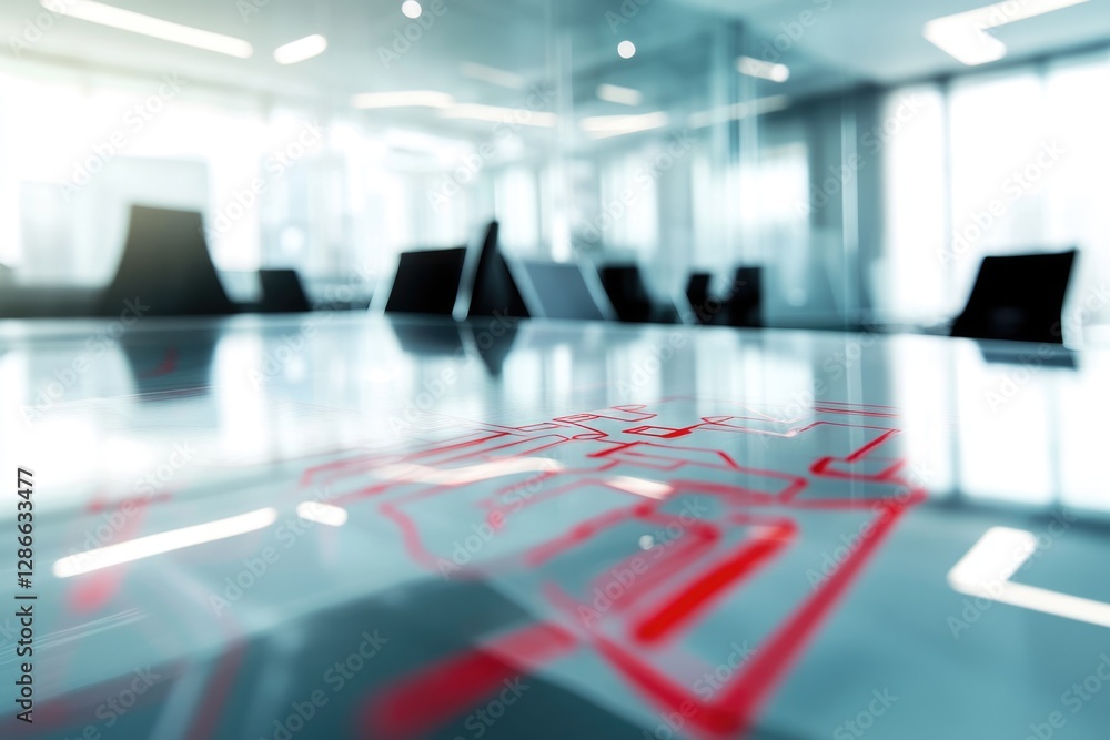 Poster a blurred image of a modern office conference table with a red sketch of a floor plan on its surface