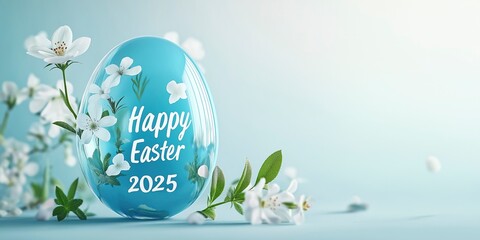 A blue Easter egg with the inscription Happy Easter 2025, with flowers and leaves with Easter egg, copy space concept for a Happy Easter celebration