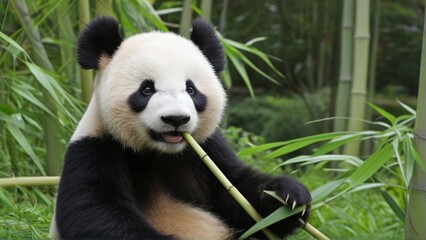 Obraz premium A giant panda enjoys bamboo in a lush bamboo forest.