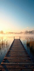 Fototapeta premium Wooden pier at sunrise with reflection on misty morning lake, misty morning, serene landscape