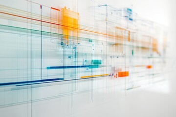 Obraz premium Abstract digital background with translucent overlapping lines and geometric shapes in blue, orange, and green.