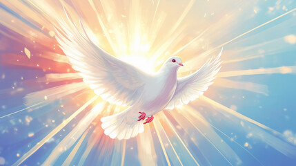 Fototapeta premium Glowing white dove spreading its wings in radiant golden light, symbolizing peace, freedom, and divine spirituality in an uplifting dreamlike vision.
