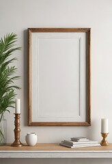 Wooden frame mockup with vintage design on white shelf, vintage, frame, shelf
