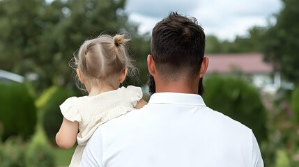 Obraz premium Father carrying toddler, backyard view, summer day, family bonding