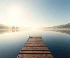 Obraz premium Wooden dock with reflection on serene morning lake, sunny morning, peaceful surroundings, natural beauty