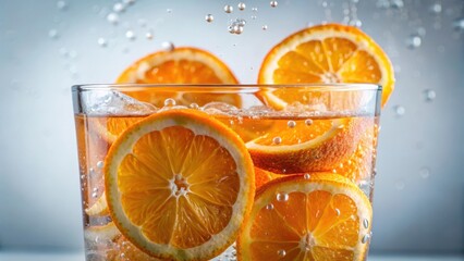 Close-up view of orange slices floating in sparkling water , sparkling liquid