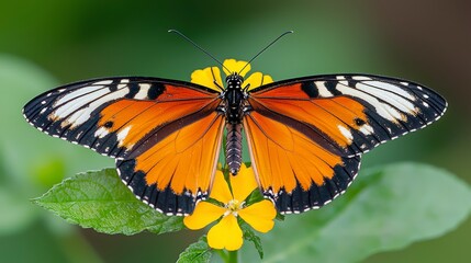 Fototapeta premium Vibrant Monarch Butterfly Perched on Bright Yellow Flower with Lush Green Leaves in a Natural Garden Setting