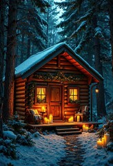 Fototapeta premium Wooden cabin in the woods lit by candles on Christmas Eve, winter solitude, cabin life, rustic charm