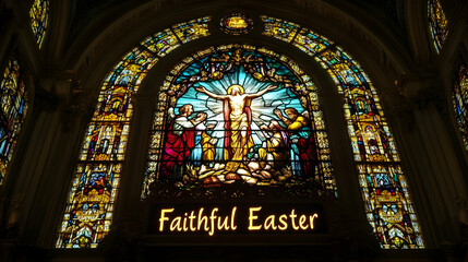 A grand stained-glass window depicting the resurrection, with glowing "Faithful Easter" text blending harmoniously into the vibrant glass colors