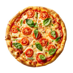 Flat lay traditional italian whole pizza isolated on transparent background, cut out, png
