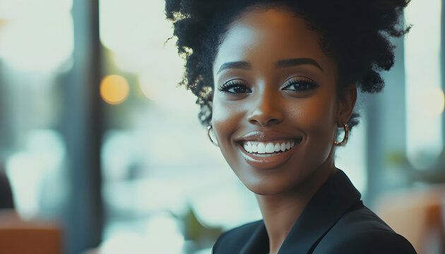 Confident Black woman in business attire smiles warmly in an office setting