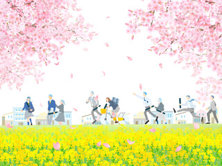 Male and female students walking along a bank with cherry blossom trees and blooming rape blossoms - full body - graduation - people vector illustration white background material桜の木と菜の花の咲く土手沿いを歩く学生男女ー
