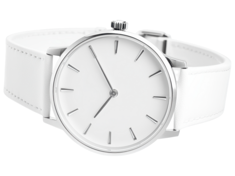 Elegant white wristwatch on a white background, showcasing simplicity and modern design.