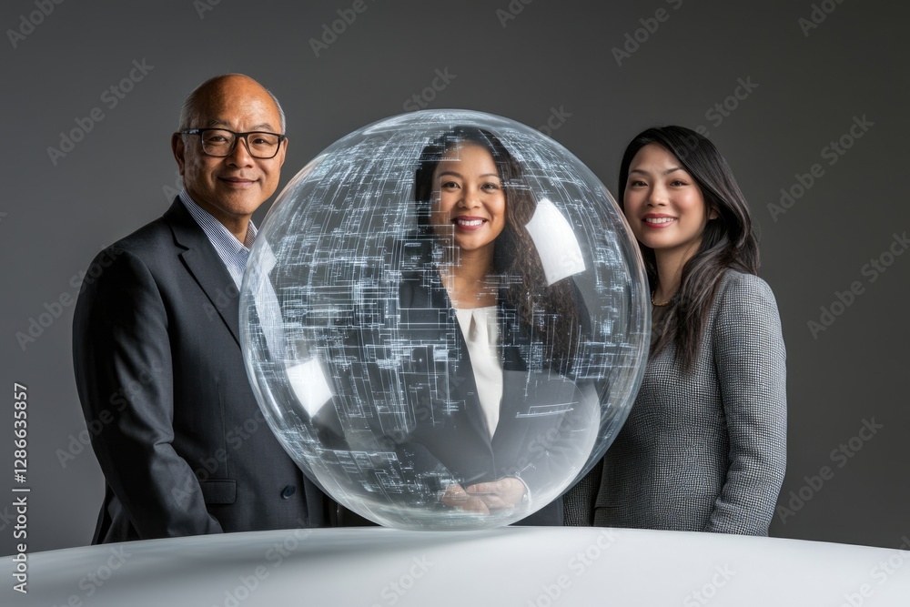 Poster three business professionals stand behind a transparent sphere displaying circuit patterns, symboliz