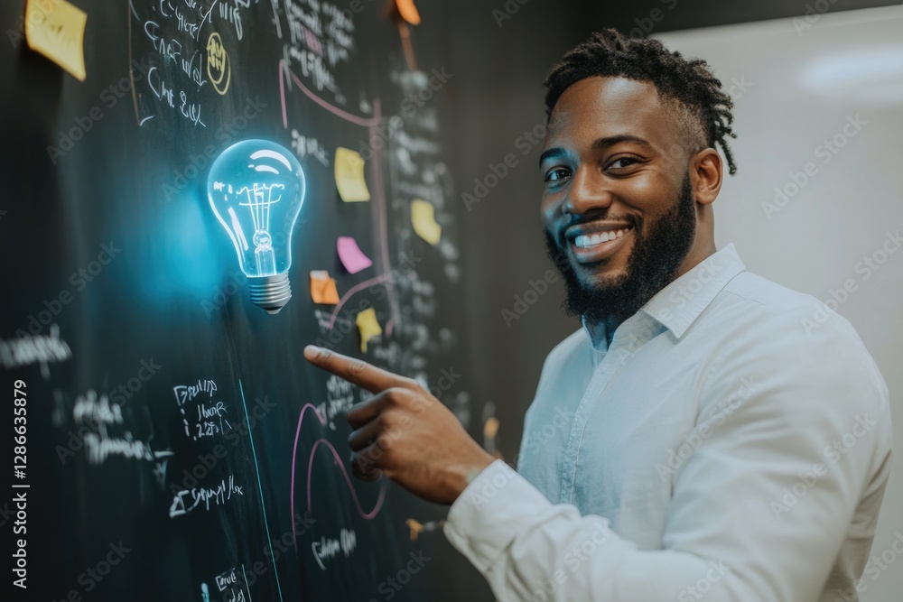Poster a smiling man points to a glowing lightbulb on a brainstorming board, symbolizing a new idea or solu