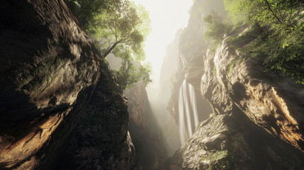 A deep canyon with cascading waterfalls and misty sunlight