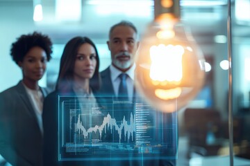 Business team analyzing data displayed on a holographic screen, illuminated by a light bulb, symbolizing innovative solutions and market insights.