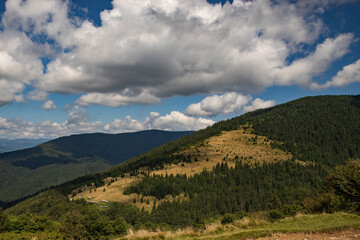 white fluffy clouds over green mountain slopes