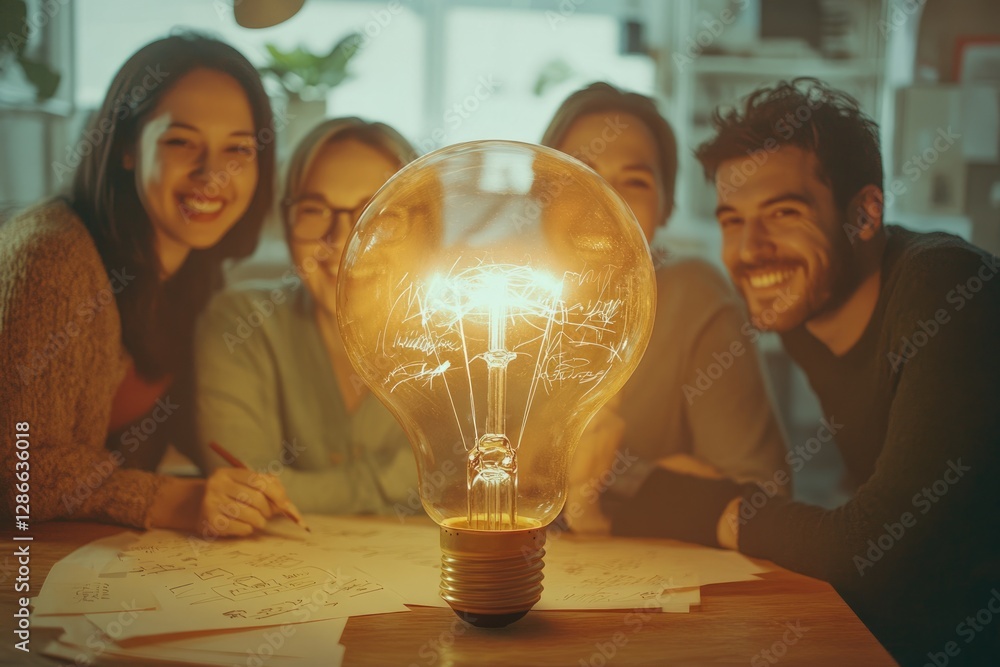 Poster team brainstorming illuminated by a bright lightbulb, signifying creative ideas and collaborative pr