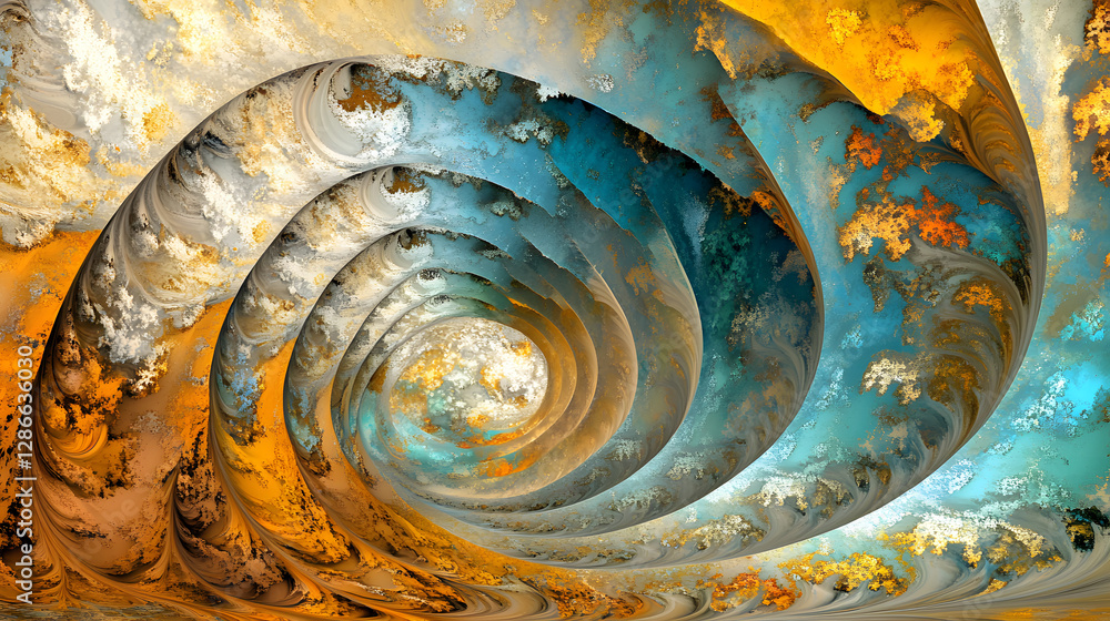 Poster spiral design featuring a blue and yellow swirl with intricate patterns and shapes for artistic back
