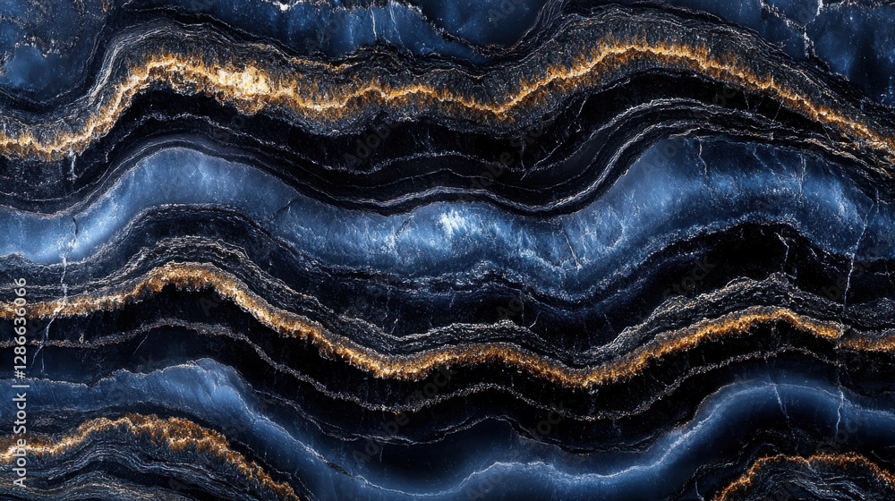 Poster luminous blue and gold marble texture with wavy patterns and depth