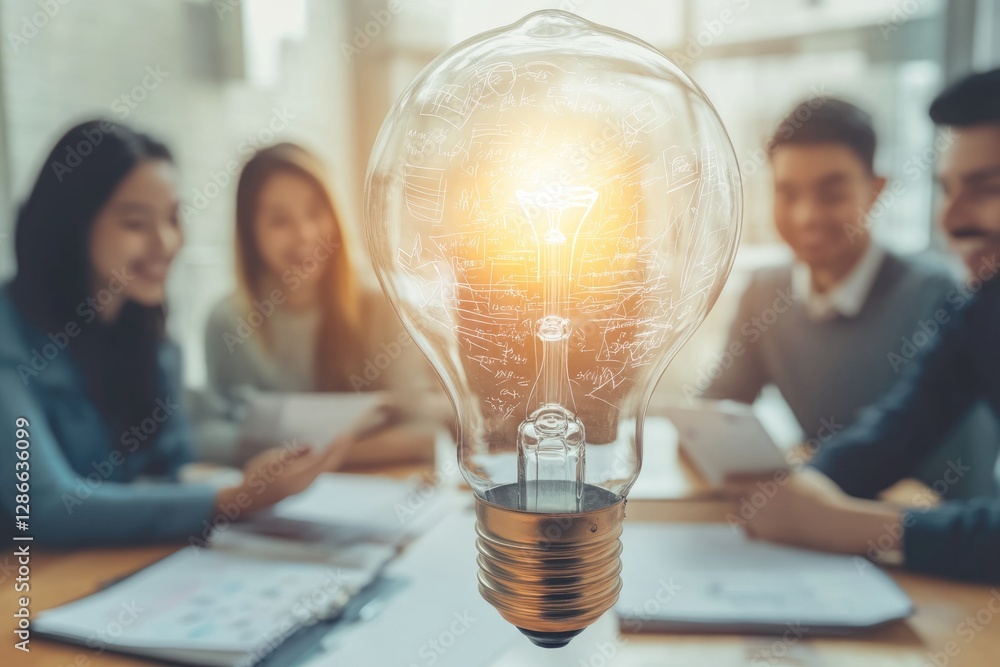 Aufkleber team brainstorming, illuminated lightbulb symbolizes innovative ideas and collaborative problem-solv