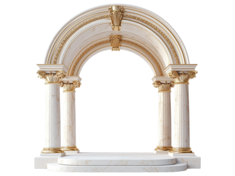 Ornate architectural arch with golden accents, set on a white isolated background, showcasing classical design features.