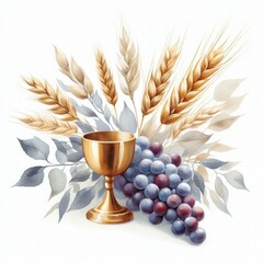 Eucharist symbols golden chalice wheat and grapes minimalist watercolor art
