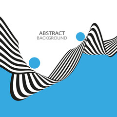 Striped black and white wave on blue and white background, design element