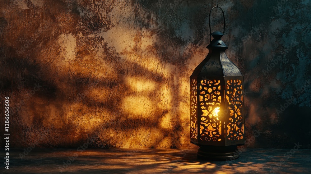 Poster intricately designed lantern casting soft warm light on textured background