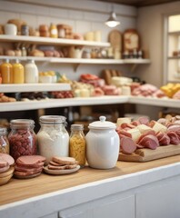 White ceramic jar on deli counter with assorted meats and cheeses in background, display, food, counter