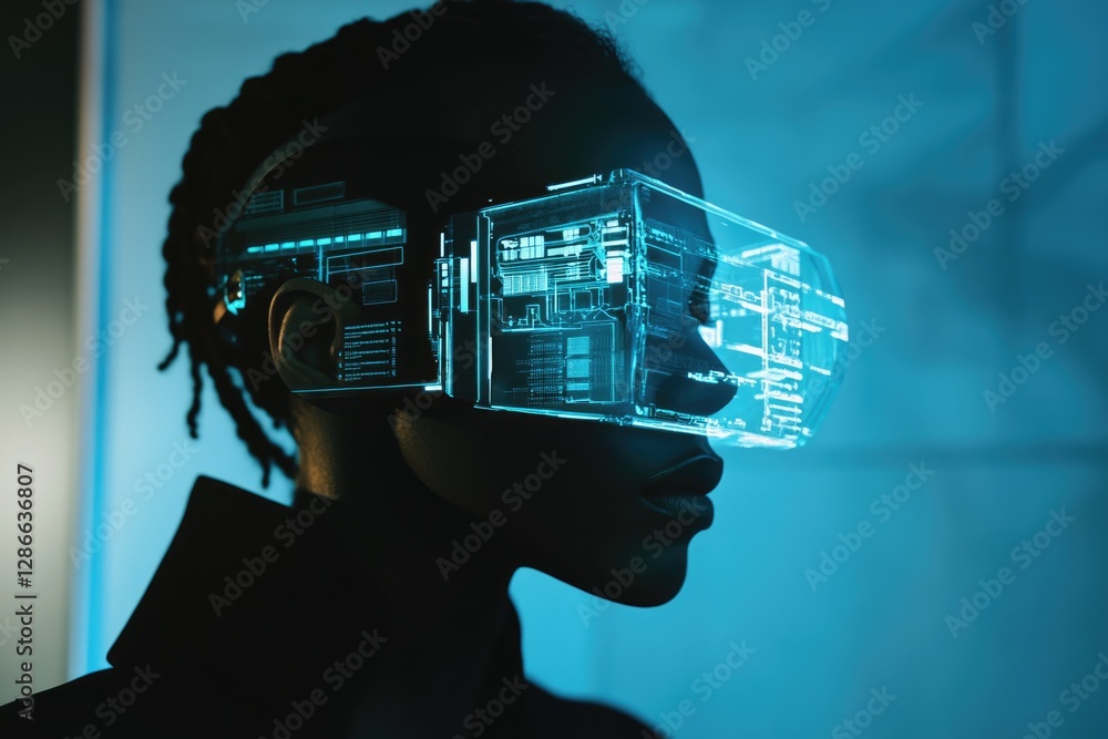 Poster a person with dreadlocks wears futuristic ar glasses displaying digital data and interfaces.