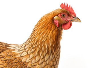 Fototapeta premium Close-up of a beautiful brown hen against a white background.