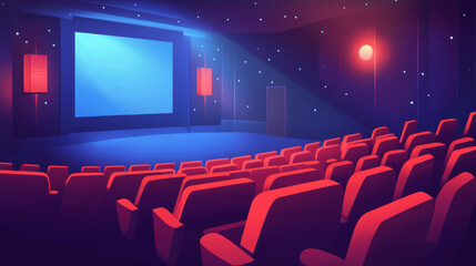 Obraz premium Movie theater hall with seat rows for audience and cinema projector. Vector cartoon illustration of empty auditorium interior with modern red chairs and light from projector