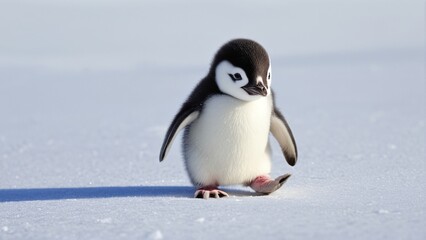Obraz premium A cute penguin with black and white feathers waddles on snowy terrain.