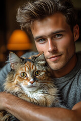 Man holding an American curl cat.