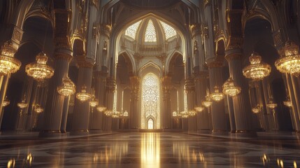 Grand Luxurious Interior of an Ornate Palace with Radiant Chandeliers and Intricate Architecture