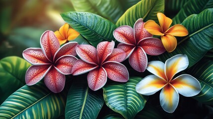 Obraz premium Tropical Flowers Lush Foliage Background