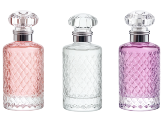 Three elegant perfume bottles with diamond patterns, featuring pink, clear, and purple liquids, isolated on a white background.