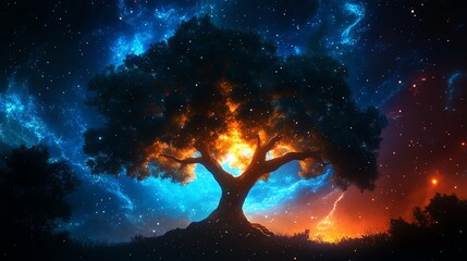 Obraz premium A magical tree against a cosmic backdrop.
