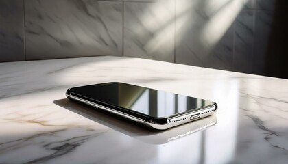 대리석 상판 위에 스마트폰이 놓여 있고,  화면에 빛이 반사되고 있다