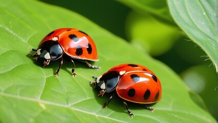 Naklejka premium Two vibrant ladybugs rest on a green leaf, showcasing their glossy red shells and black spots.