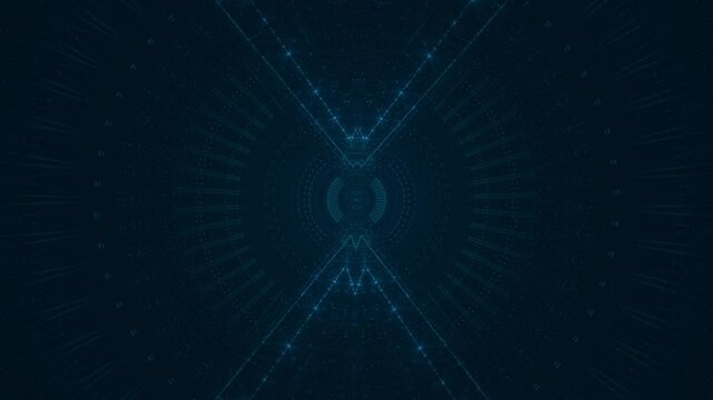 leuchtende Lichtpunkte bewegen sich langsam Richtung Zentrum, digitaler Datentransfer, Algorithmus, Internet, Energie, Datenfluss, Geschwindigkeit, Wandel, Austausch, braun, orange