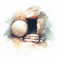 Minimalist watercolor depicting the empty tomb with rolled-away stone